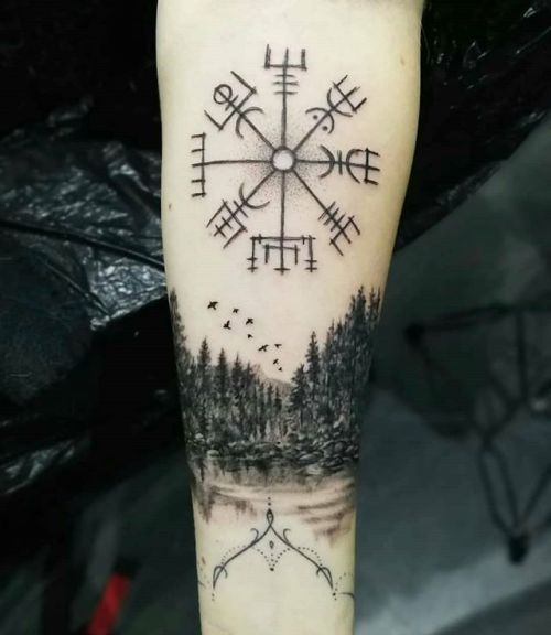 valhallavikingsvibes: Vegvisir and a forest by a lake, via @fistofneedles by @katbjorky. ⚔ #viking #