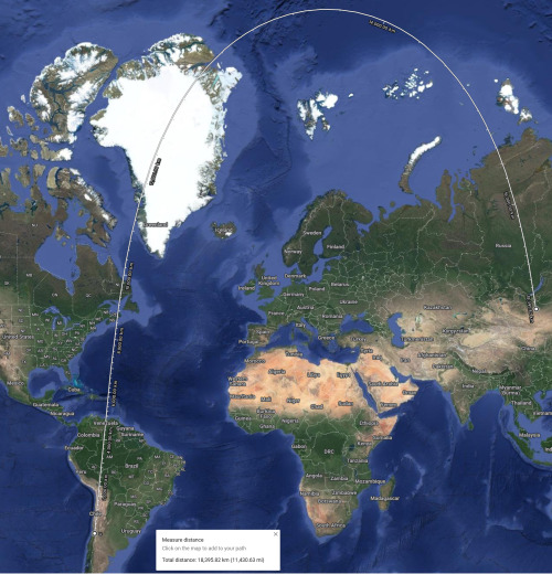 mapsontheweb:  Shortest route from Santiago de Chile and Ulaanbaatar, Mongolia