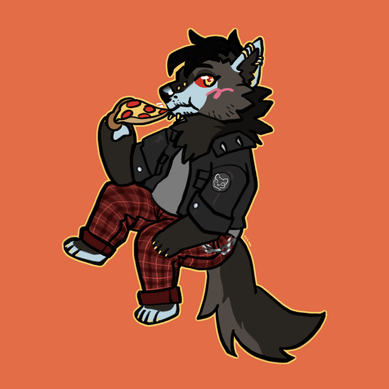 an artwork of a grey and blue anthropomorphic wolf guy in punk clothes eating a piece of pepperoni pizza.