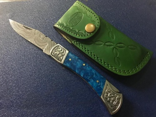 #Handmade #damascus #folding #knife for #sale #with #leather #sheathPm me or comment below for more 