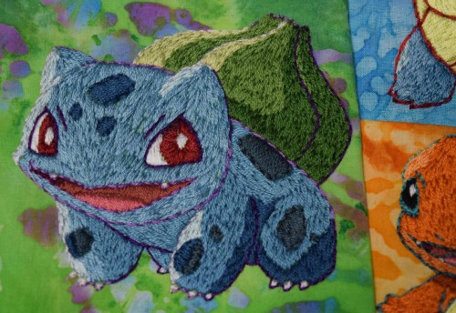 starling-stitchery:I finished all three starters!001, Grass/Poison-Type Bulbasaur004, Fire-Type Char