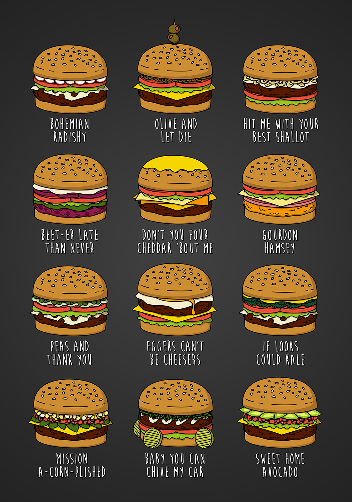 flavia-rose:  Pun-related burgers from “Bob’s Burgers”.