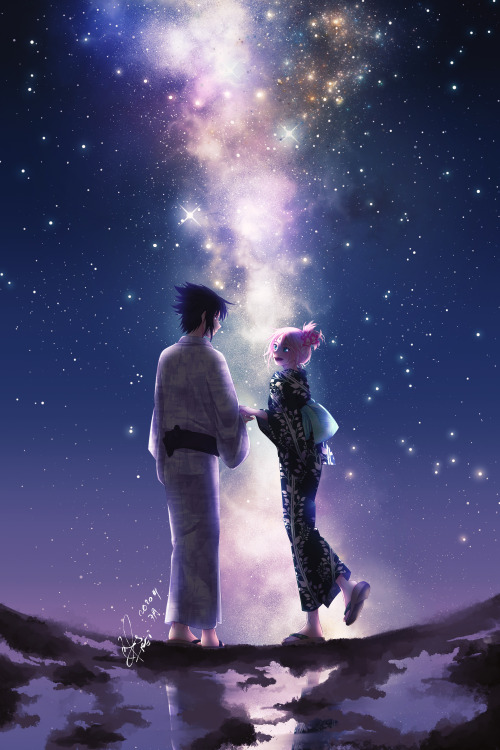 reii-ichi:  SasuSaku Month 2020Day 7 – Clear Skies –timeline setting: after shinobi world war 4, before Sasuke’s departure. (Since I really love Sakura’s messy hair during-after the war, ehe…)Also, I made another version here:July 7th is Tanabata