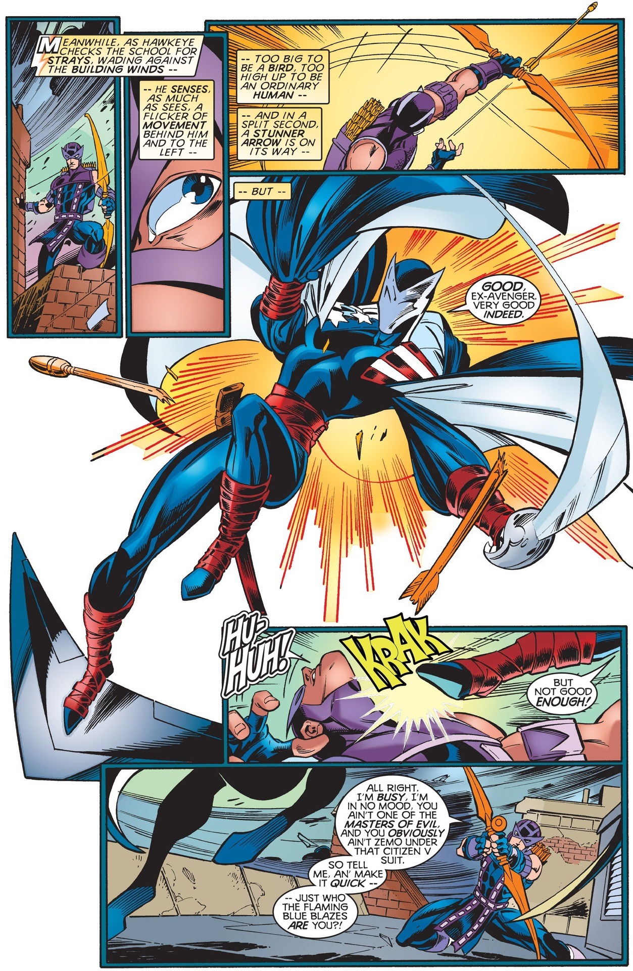 Citizen V vs. Hawkeye. [from Thunderbolts (1997)...