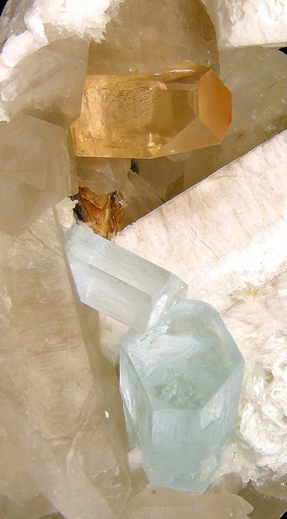 Golden Topaz on matrix with Aquamarine crystals and Microcline - Shigar Valley, Skardu District, Bal