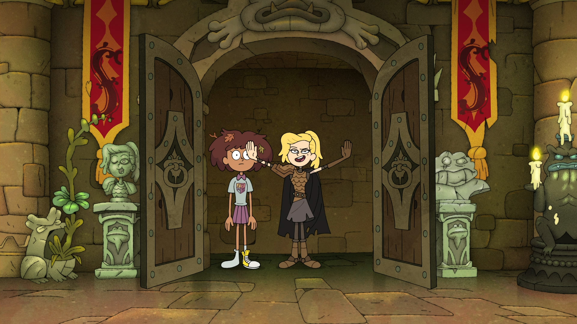 Sasha, in brown armor, dramatically pushes open a grand set of double doors. Anne is right next to her in her uniform. There are busts of Sasha and Grime, and a red banner with a stylized S, by each door.