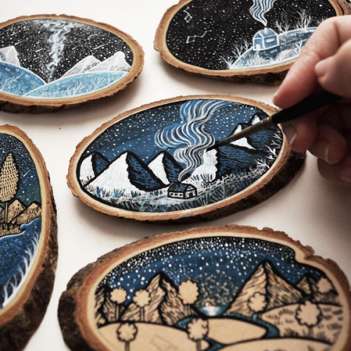 wordsnquotes:  Beautiful Landscape Illustrations of Wood Slices by Meni Chatzipanagiotou Graphic designer and illustrator Meni Chatzipanagiotou produces amazingly detailed and ornate ink illustrations. The monochrome ink drawings have a fantasy theme