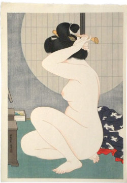 Woman Arranging Hair Before a Window, by Hirano