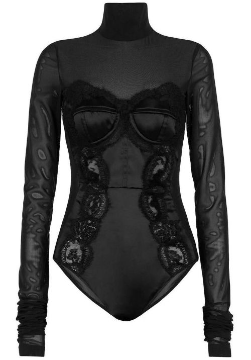 Dolce & Gabbana | long-sleeved bodysuit in sheer mesh + lace + satin