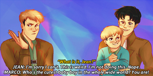 theicarustheory:  Is he mad because Jeanbo is technically him so technically that’s an indirect kiss from Marco? We will never know. For everyone who’s been requesting Jean and Marco! <3 
