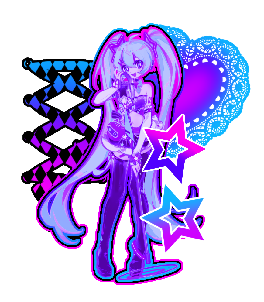 a pink, purple and blue graphic of hatsune miku, originally from vocaloid however in this case, from muse dash.