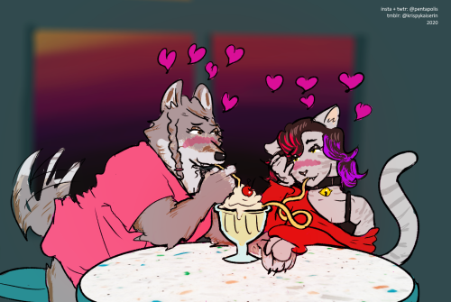 Commission for @nyanguard-party of her and @transingthebourgeoisie‘s sonas enjoying a night ou