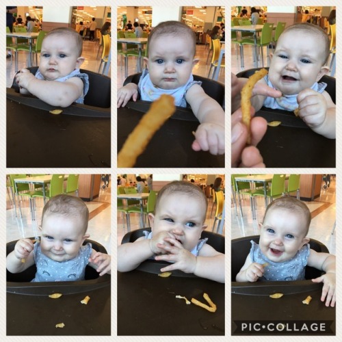 The stages of giving a baby a french fry.