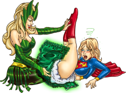 jamjarmonster:  Super girl is diapered by Enchantress. “With