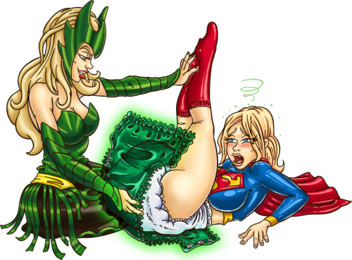 jamjarmonster:  Super girl is diapered by Enchantress. “With these Kryptonite infused plastic pants your bladder and bowel muscles will be permanently weakened, rendering you completely incontinent!!!” said Enchantress “Get used to a