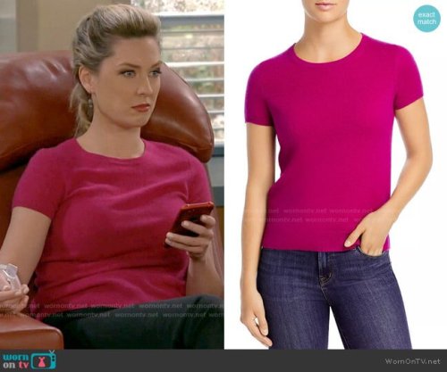 Samantha’s pink short sleeved sweater on B Positive Short-Sleeve Cashmere Sweater in Bright Magenta