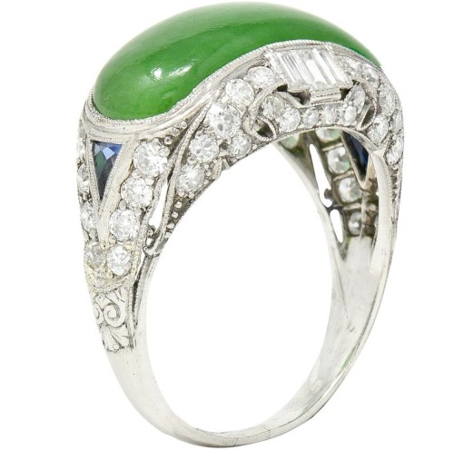 Art Deco jadeite, sapphire, diamond, and platinum ring, c. 1930s (at Wilson Estate Jewelry)