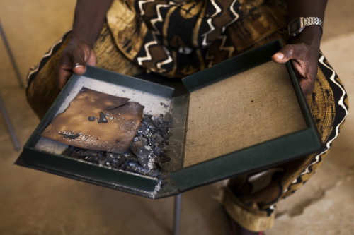 Manuscripts burned by the Islamists are seen at the Ahmed Baba Institute on August 12, 2013, in Timb