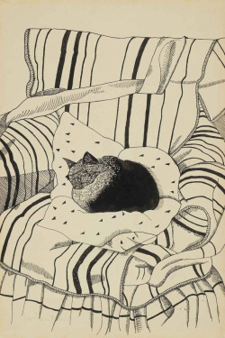 redlipstickresurrected:  Lucian Freud aka Lucian Michael Freud (British, 1922-2011, b.   Berlin, Germany, d.   London, England) - The Sleeping Cat, 1944  Drawings: Ink, Pencil on Paper laid down on Card