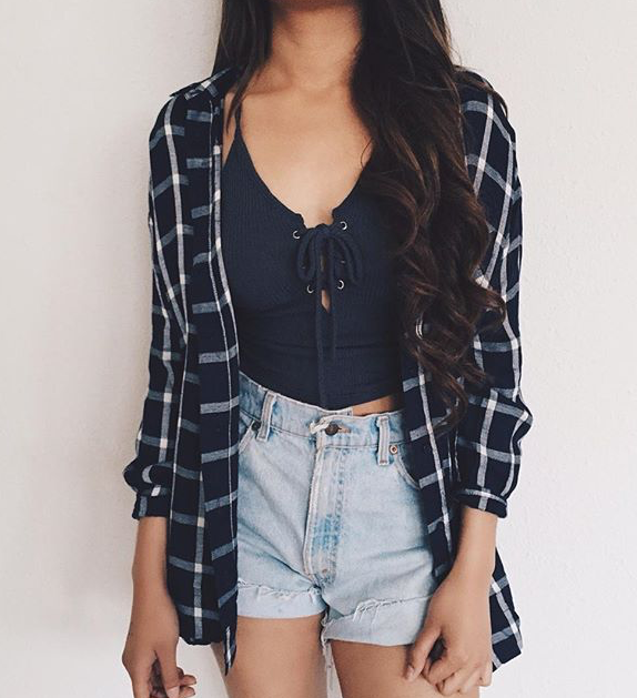 thestyle-addict:  Plaid Blouse» Top» Denim shorts»  