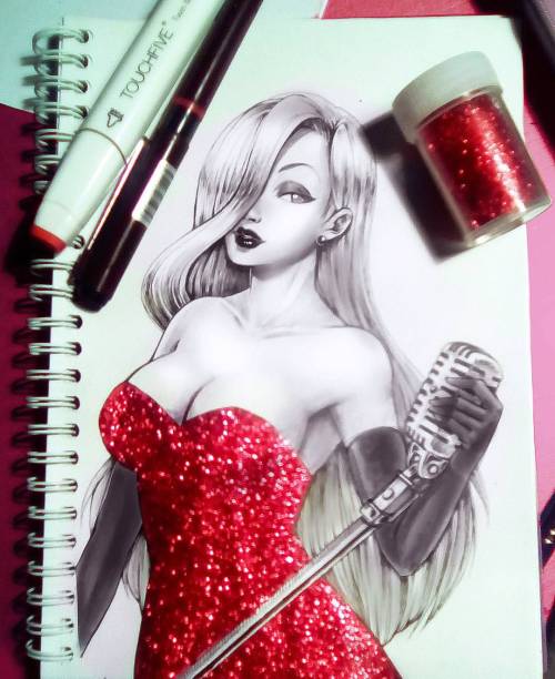 Inktober entry no.3. Jessica Rabbit in BW in her signature sparkly red dress. This was made with pig