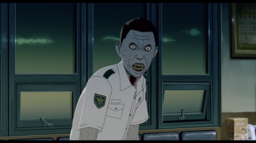 Seoul Station, the rather grim animated prequel to Train to Busan. The action scene are blurred, whi