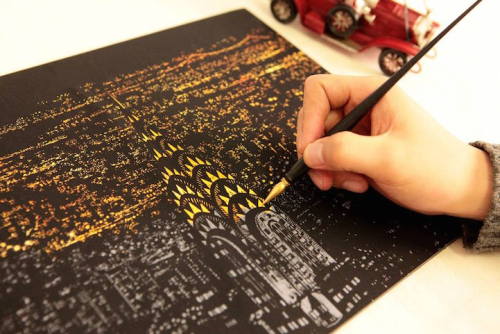 culturenlifestyle:  Cityscape Scratch Art by Lago Design Seoul-based studio Lago Design created a series of scratch-off projects, which comes in the shape of a wooden pencil kit. To create the cityscape image, one must scratch off the gray area of the