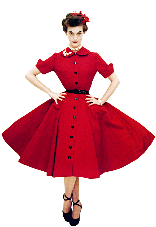  Model in red coat dress with Peter Pan collar, split-cuff sleeves and full skirt,