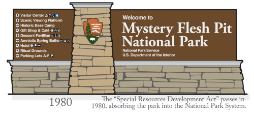 Park signage evolution.Following its accidental discovery, the Mystery Flesh Pit and the unique phen