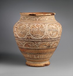 ancientpeoples:  Earthenware storage jar Coptic Egypt, 7th century The painted patterns on this large (49cm / 20in high) unglazed storage jar are arranged to emphasize  the swelling shape of the vessel. The animal, bird, and plant motifs  are closely