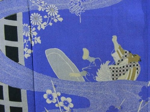 Amazing sanpo style vintage kimono, depicting Kachi-kachi Yama (Fire-Crackle Mountain tale) where a 