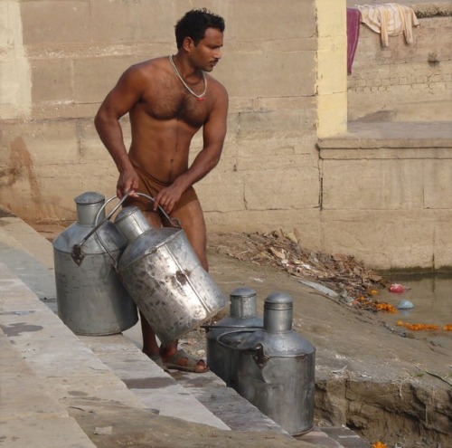 Varanasi milk man at ghats. I would rather be drinking the thick milk his cock spurts out.