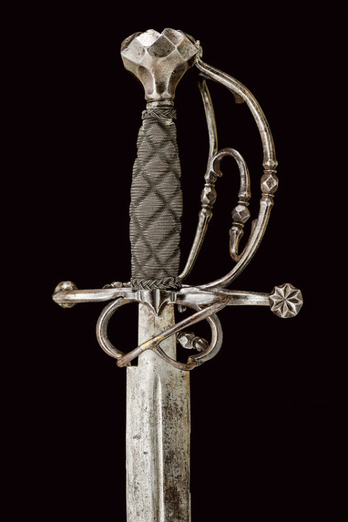 art-of-swords:  Composite RapierDated: 17th centuryCulture: FrenchMeasurements: overall length 120.5 cmThe sword has a straight, double-edged blade, with a groove at the first part and a rectangular ricasso. The silver hilt features loop-guards, while