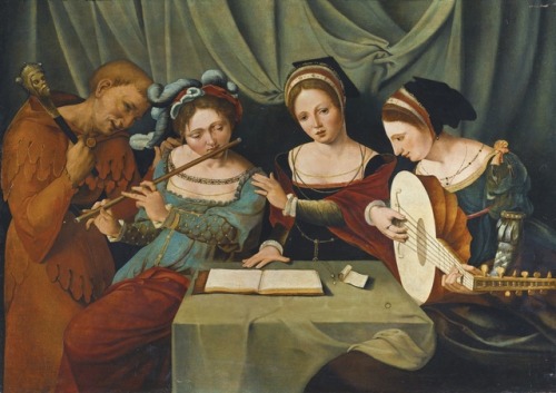 Three Young Women Making Music with a Jester. Master of Female Half-lengths (Netherlandish, act