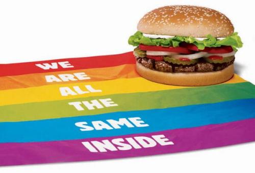 gaywrites:  THIS IS FOR REAL: One Burger King restaurant in San Francisco is selling the “Proud Whopper” through the week of SF Pride. It’s exactly the same as a regular Whopper, price and all, except it comes in a rainbow-tastic Pride wrapper that