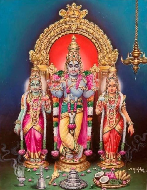 Krishna with Rukmini and Satyabhama.