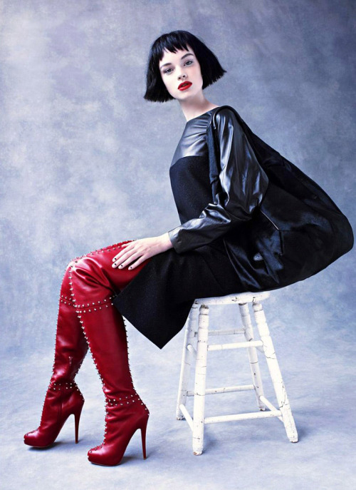 designerleather:  Gwen Loos for Vogue Turkey - Gianfranco Ferre leather dress, Red Studded Christian