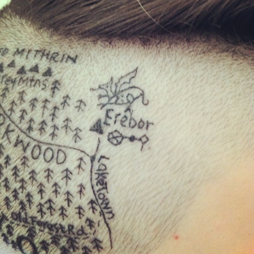 amerewilson:  Some folks might remember that I got my favorite part of Middle Earth tattooed on my head a while ago, but now there’s more! The whole side has been done that stretches all the way to Erebor, and I’m not even done yet.  (Many continuous