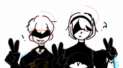 dogitonix:“2B! Make a peace sign and say cheese!”“Peace sign, like this? And why do you say cheese?”‘Cheese is a common phrase humans said before getting their picture taken. In theory, pronouncing the word cheese, creates