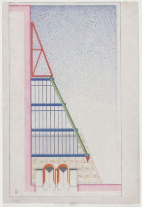 James Stirling, drawings of the Staatsgalerie Stuttgart, 1978. Germany. Graphite and color pencil on