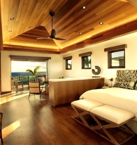Master In HawaiiAn Illustration Of A Large Island-style Master Bedroom With Dark Wood Floors, White Walls,