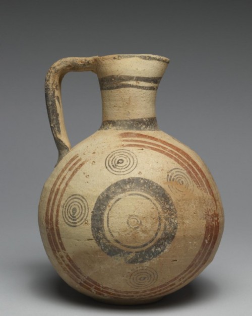 ancientpeoples:  Bichrome Ware Jug with Geometric Design and Concentric Circles Cyprus, 7th century BC  Terracotta This example of the popular pinched-spout jug is decorated with red  paint on a pale background and is called Bichrome Ware. There were