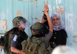 israelfacts:  Israeli officers arrest a Palestinian woman in the Palestinian city of Hebron for protesting against the Israeli occupation of the West Bank, Palestine, June 5, 2012. Photographs: Abed Al Hashlamoun / European Pressphoto Agency 