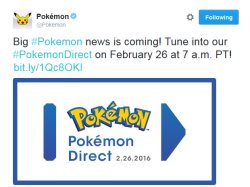 shelgon:  A Pokémon  Direct is to be held this Friday at 15:00  UTC/16:00CET/10:00EST/07:00PDT/00:00JST. It is unknown what this will  reveal but we will provide all the news straight away. This Pokémon  Direct is to last for 5 minutes.Source: Serebii