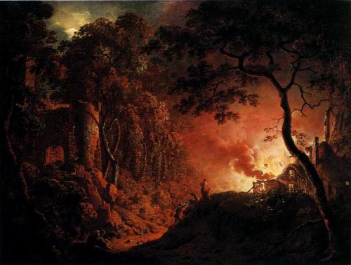artist-joseph-wright: A Cottage on Fire, 1787, Joseph WrightMedium: oil,canvashttps://www.wikiart.or