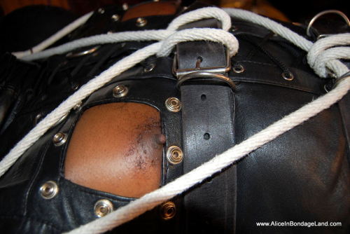 mistressaliceinbondageland: I lash him to the bondage table using thick white rope. His dick gets harder and harder, bulging against the leather catsuit while I restrain the rest him tighter and tigher. I add a sensory deprivation hood and a powerful