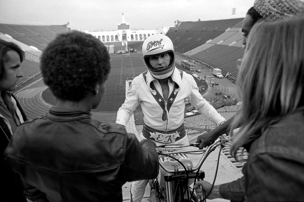 historicaltimes:  Evel Knievel; Prep at the Coliseum, 1973 Read More 