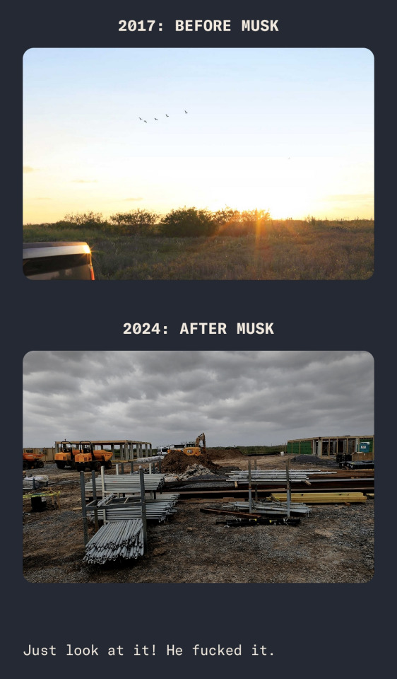 A screenshot of two pictures from elonowesyou100dollars.com.
they are labeled "2017: Before Musk" and "2024: After Musk"
the before picture shows a bunch of greenery glimmering in the sunset, and the after picture shows a ton of equipment on gravel with no plants to be seen.
at the bottom is the caption, "Just look at it! He fucked it!" 
