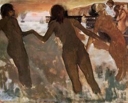 dappledwithshadow:  Peasant Girls Bathing in the Sea at Dusk, Edgar Degas 1875 