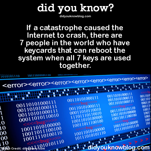 kalooeh:  reconguista:  fetalpile:  rasec-wizzlbang:  did-you-kno:  If a catastrophe caused the Internet to crash, there are 7 people in the world who have keycards that can reboot the system when all 7 keys are used together. Source  It’s getting to